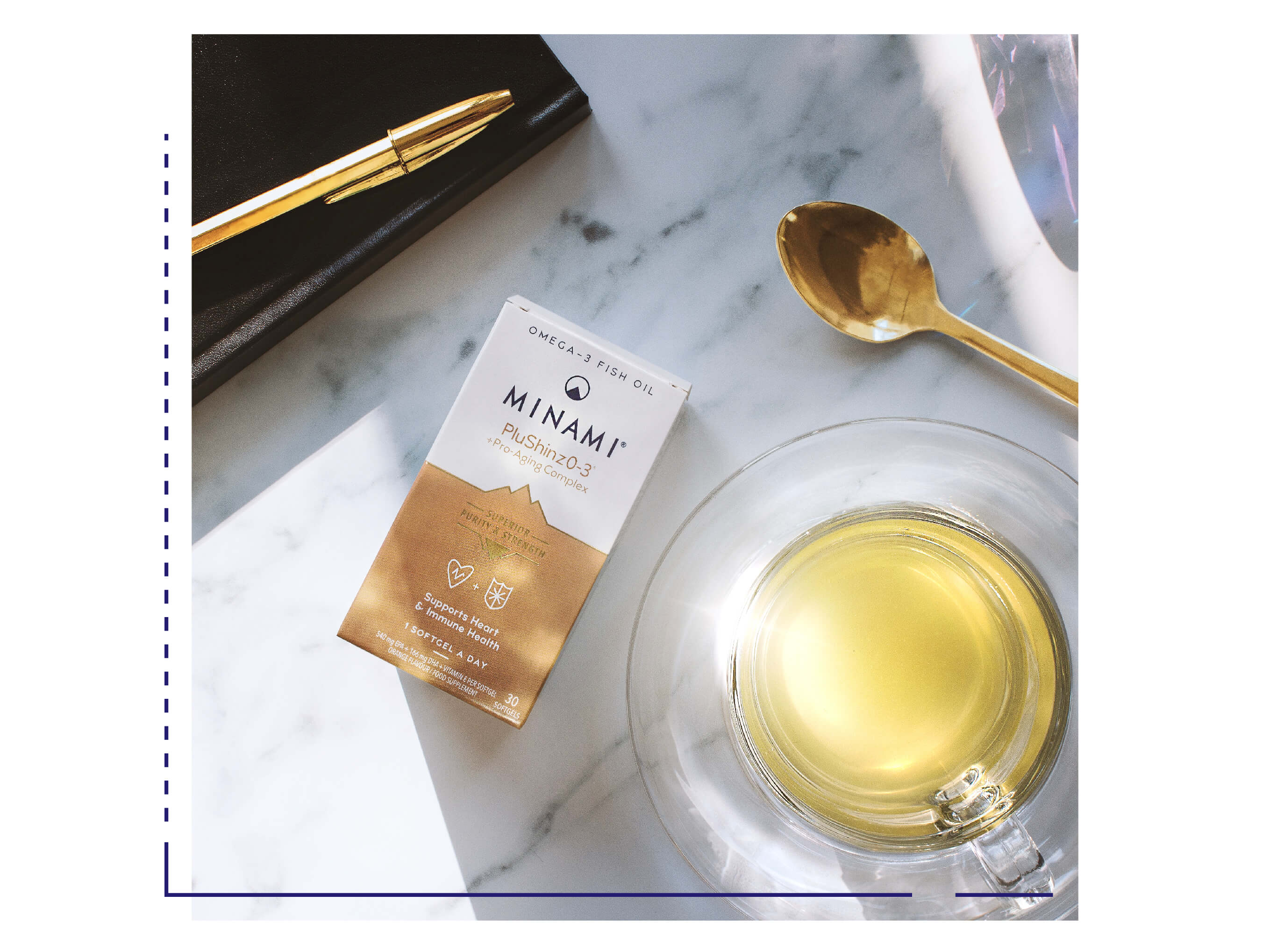 Minami Product on the table with tea and spoon
