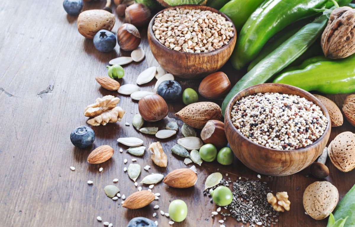 bowls full of nuts and grains